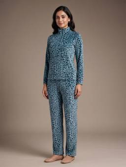 FABLUSH - Women Blue Velour Sweatshirt with Pyjama