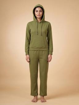 FABLUSH - Women Green Twill Hoodie with Pyjama