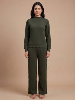 FABLUSH - Women Green Cotton Sweatshirt with Pyjama