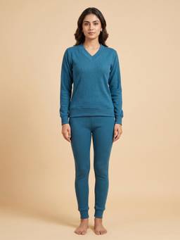 FABLUSH - Women Teal Cotton Sweatshirt with Pyjama