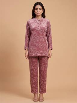 FABLUSH - Women Pink Velour Top with Pyjama