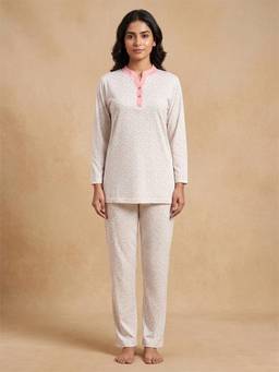 FABLUSH - Women Off White Cotton Top with Pyjama