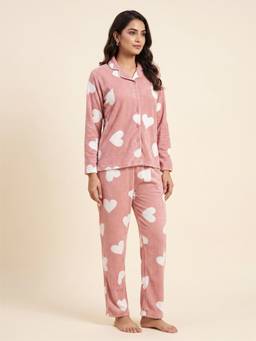 FABLUSH - Women Peach Velour Shirt with Pyjama
