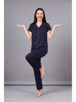 JULIANA DREAM - Women Navy Blue Satin Shirt with Pyjama