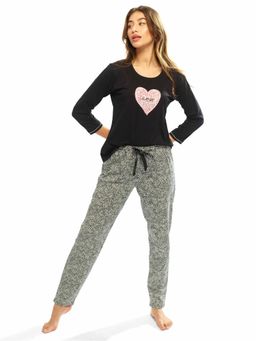 LOTIK - Women Black Cotton Top with Pyjama