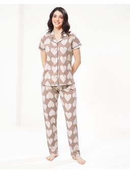 LOTIK - Women Brown Cotton Shirt with Pyjama