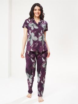 LOTIK - Women Purple Cotton Shirt with Pyjama
