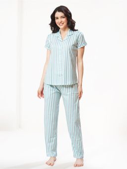 LOTIK - Women Blue Cotton Shirt with Pyjama
