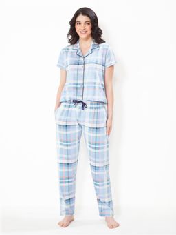LOTIK - Women Blue Cotton Shirt with Pyjama
