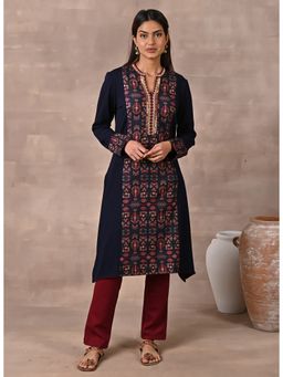 Lakshita - Midnight Blue Solid Kurta With Tribal Embroidery And Curved Hem