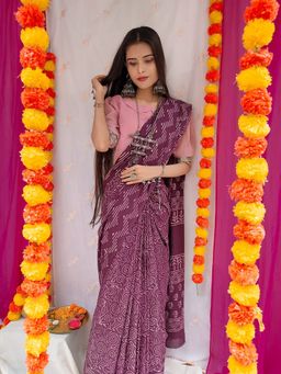 SainSisters - Women Purple Hand Block Printed Cotton Saree Without Blouse
