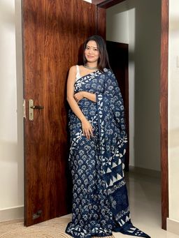 SainSisters - Women Blue Hand Block Printed Cotton Saree Without Blouse