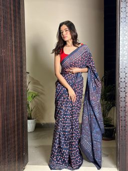 SainSisters - Women Blue Hand Block Printed Cotton Saree Without Blouse