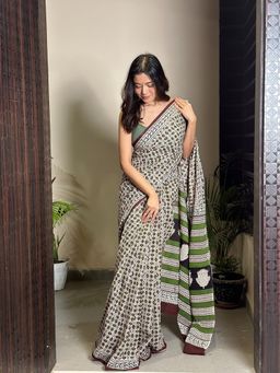 SainSisters - Women Multi-Color Hand Block Printed Cotton Saree Without Blouse