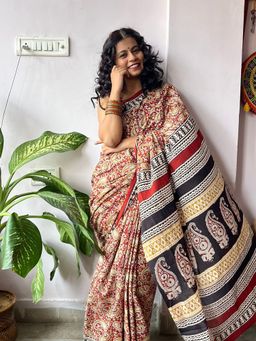 SainSisters - Women Red Hand Block Printed Cotton Saree Without Blouse
