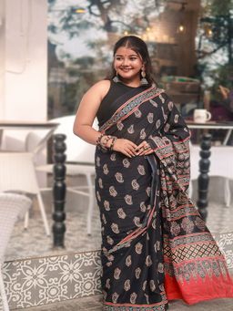 SainSisters - Women Black Hand Block Printed Cotton Saree Without Blouse