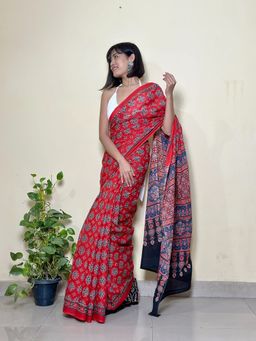 SainSisters - Women Red Hand Block Printed Cotton Saree Without Blouse