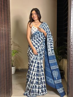 SainSisters - Women Blue Hand Block Printed Cotton Saree Without Blouse