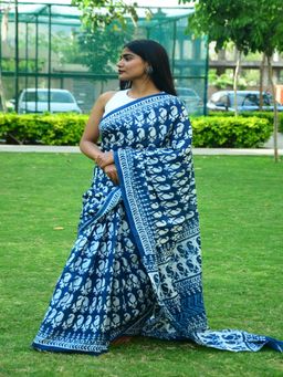 SainSisters - Women Blue Hand Block Printed Cotton Saree Without Blouse