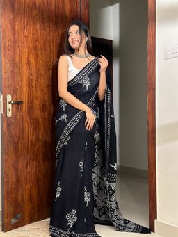 SainSisters - Women Black Hand Block Printed Cotton Saree Without Blouse