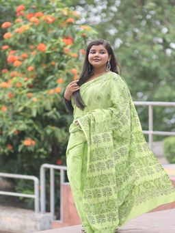 SainSisters - Women Green Hand Block Printed Cotton Saree Without Blouse