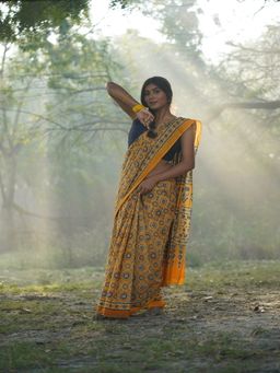 SainSisters - Women Yellow Hand Block Printed Cotton Saree Without Blouse