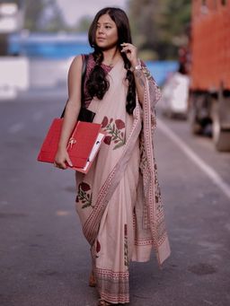 SainSisters - Women Peach Hand Block Printed Cotton Saree Without Blouse