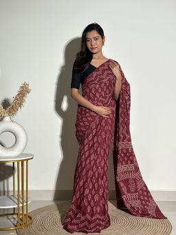 SainSisters - Women Brown Hand Block Printed Cotton Saree Without Blouse