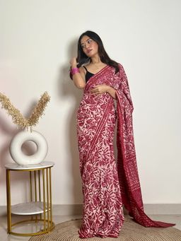 SainSisters - Women Pink Hand Block Printed Cotton Saree Without Blouse