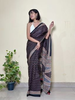 SainSisters - Women Black Hand Block Printed Cotton Saree Without Blouse