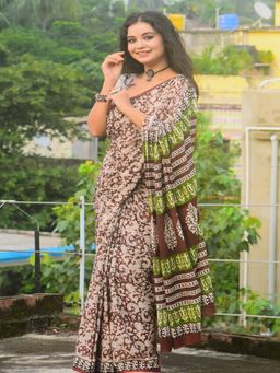 SainSisters - Women Maroon Hand Block Printed Cotton Saree Without Blouse