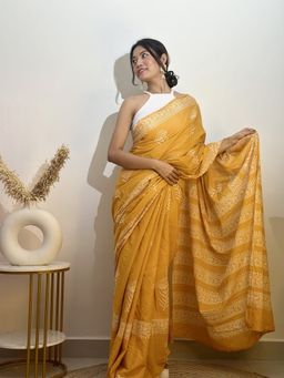 SainSisters - Women Yellow Hand Block Printed Cotton Saree Without Blouse
