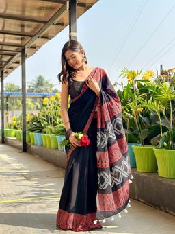SainSisters - Women Black Hand Block Printed Cotton Saree Without Blouse