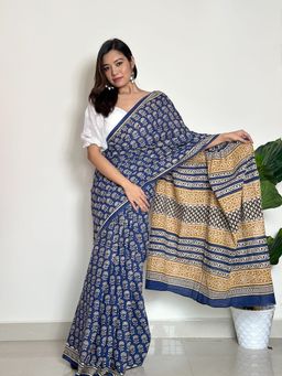 SainSisters - Women Blue Hand Block Printed Cotton Saree Without Blouse