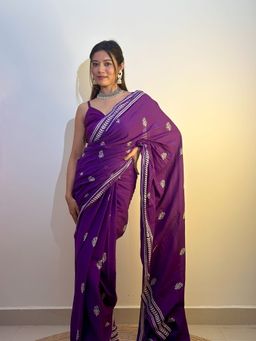 SainSisters - Women Purple Hand Block Printed Cotton Saree Without Blouse