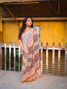 SainSisters - Women Beige Hand Block Printed Cotton Saree Without Blouse