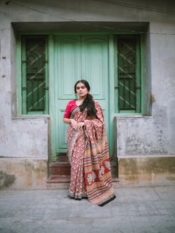 SainSisters - Women Red Hand Block Printed Cotton Saree Without Blouse