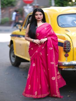 SainSisters - Women Pink Hand Block Printed Cotton Saree Without Blouse