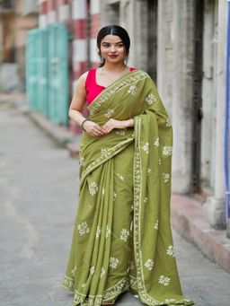 SainSisters - Women Green Floral Cotton Saree Without Blouse