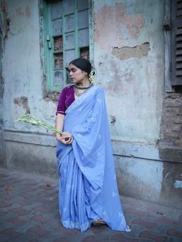 SainSisters - Women Blue Hand Block Printed Cotton Saree Without Blouse
