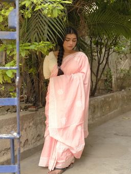 SainSisters - Women Peach Floral Cotton Saree Without Blouse