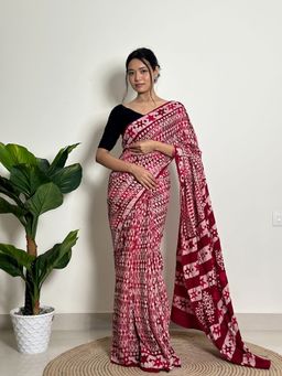 SainSisters - Women Maroon Hand Block Printed Cotton Saree Without Blouse