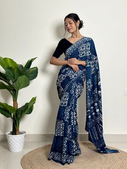 SainSisters - Women Indigo Hand Block Printed Cotton Saree Without Blouse