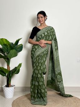 SainSisters - Women Green Hand Block Printed Cotton Saree Without Blouse