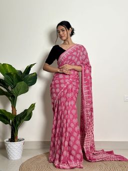 SainSisters - Women Pink Hand Block Printed Cotton Saree Without Blouse