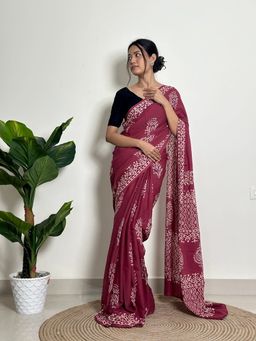 SainSisters - Women Magenta Hand Block Printed Cotton Saree Without Blouse