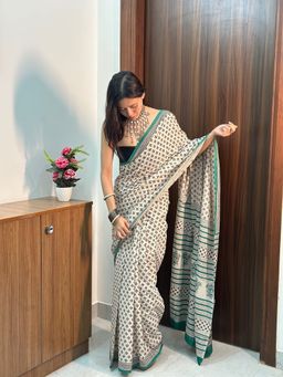 SainSisters - Women Off White Hand Block Printed Silk Saree Without Blouse
