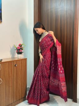 SainSisters - Women Maroon Hand Block Printed Silk Saree Without Blouse