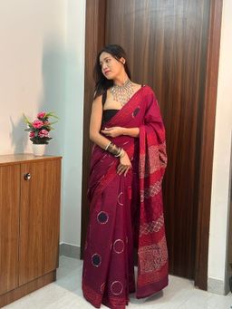 SainSisters - Women Maroon Hand Block Printed Cotton Saree Without Blouse