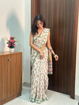 SainSisters - Women Multi Color Hand Block Printed Silk Saree Without Blouse